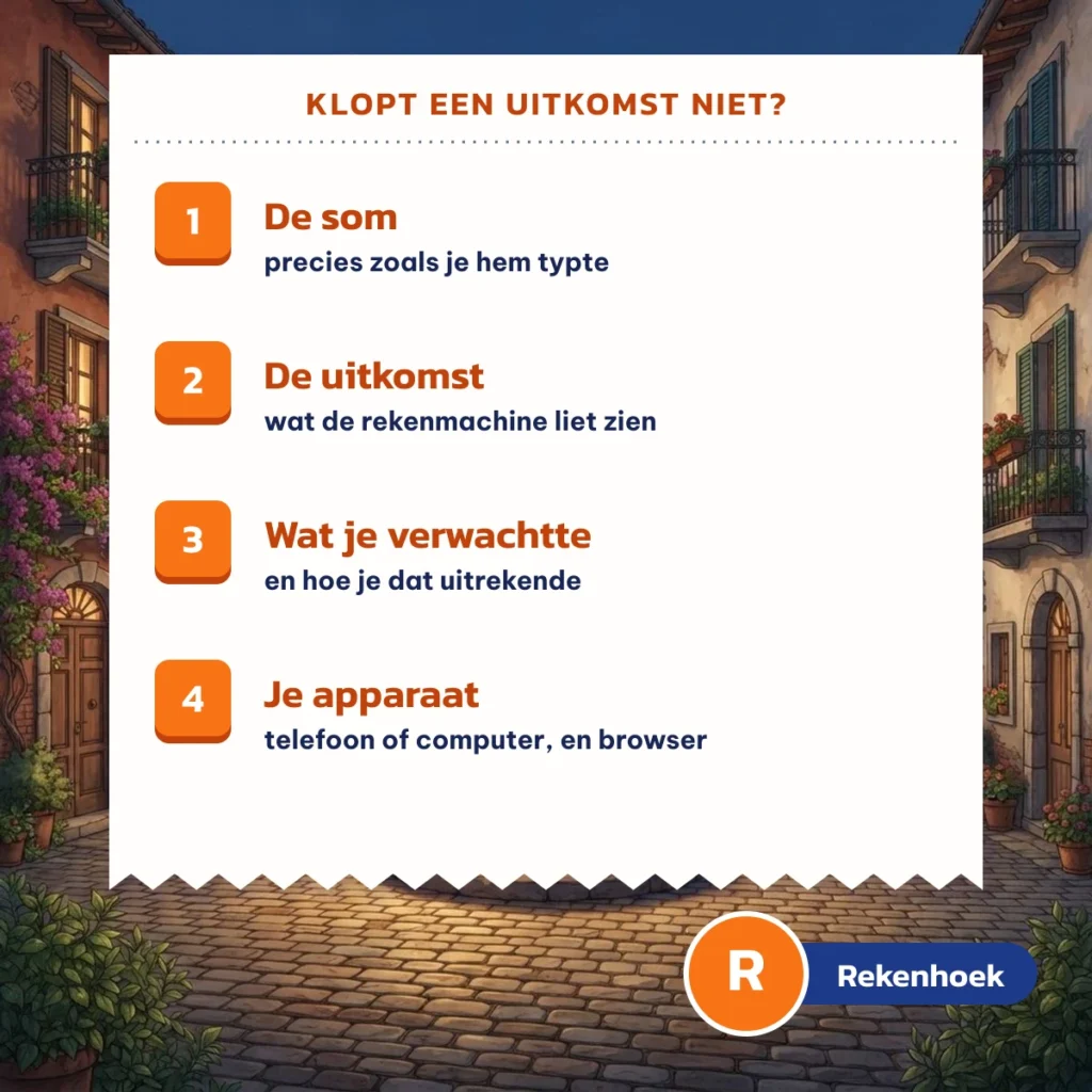 Vier dingen om te sturen als een uitkomst niet klopt: de som, de uitkomst, wat je verwachtte en je apparaat