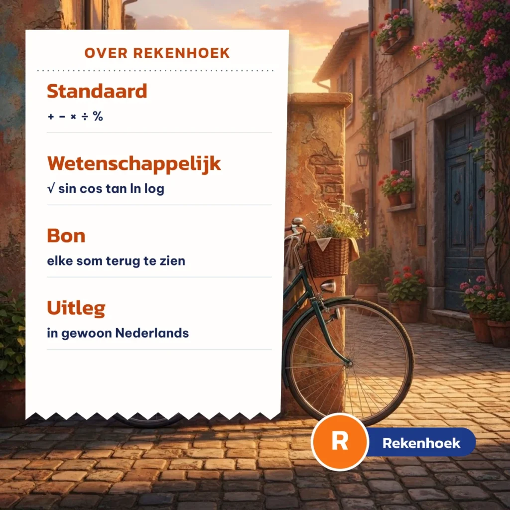 Over Rekenhoek: standaard en wetenschappelijke rekenmachine, een bon met elke som en uitleg in gewoon Nederlands