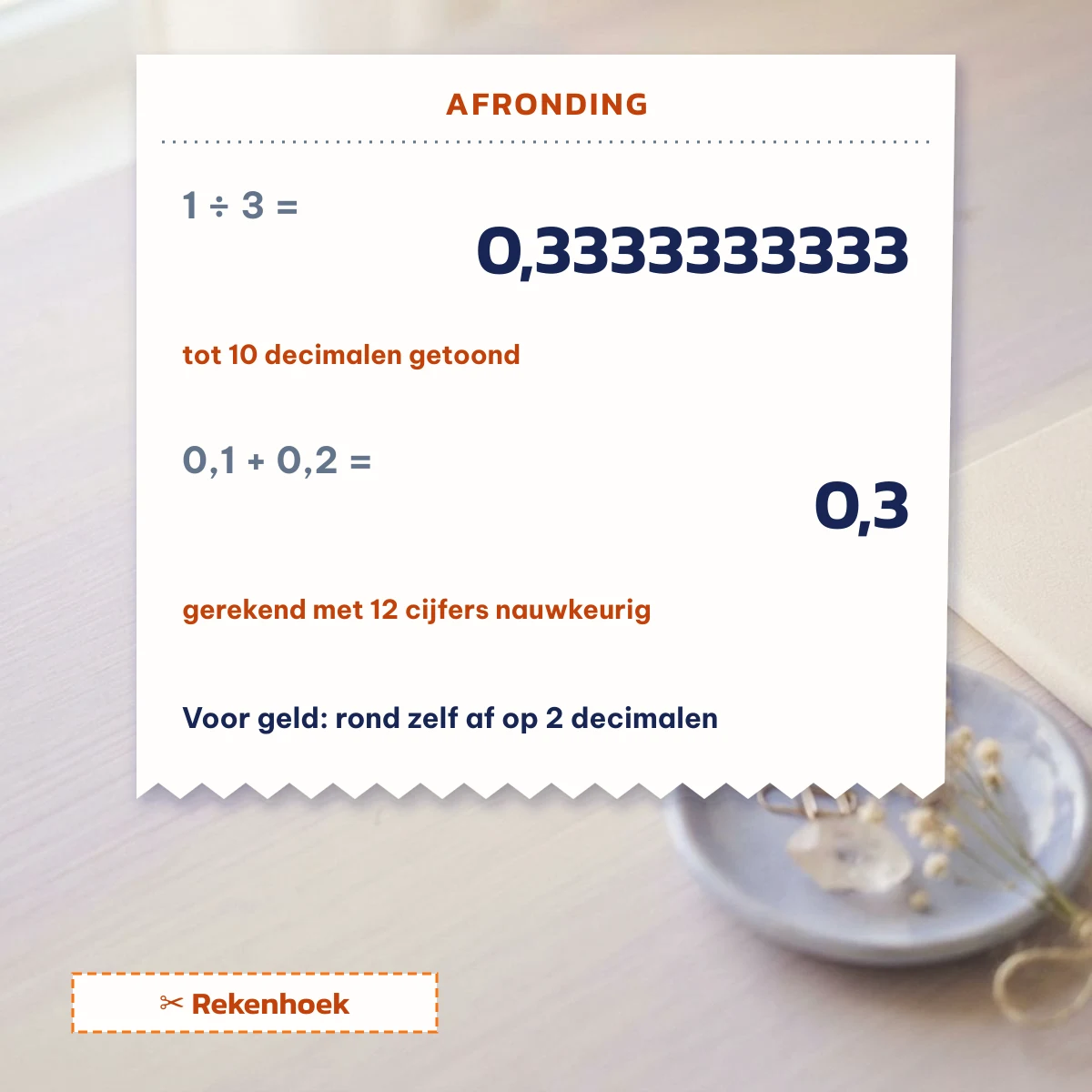 Afronding op de bon: 1 gedeeld door 3 toont 0,3333333333 en 0,1 plus 0,2 geeft 0,3