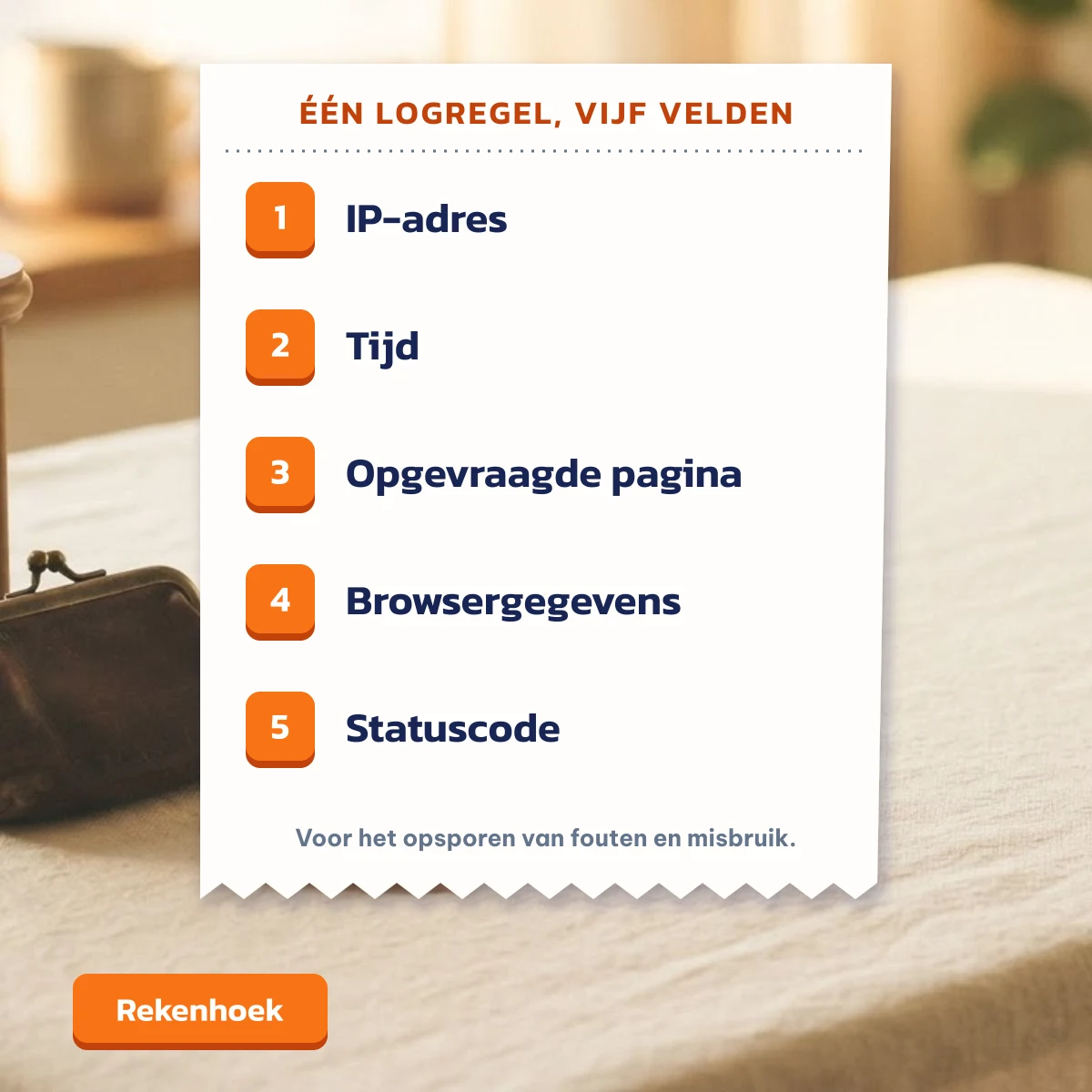 De vijf velden van een logregel: IP-adres, tijd, opgevraagde pagina, browsergegevens en statuscode