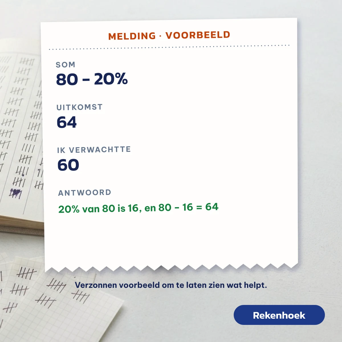 Voorbeeldmelding: 80 − 20% geeft 64, ik verwachtte 60, antwoord: 20% van 80 is 16 en 80 − 16 is 64