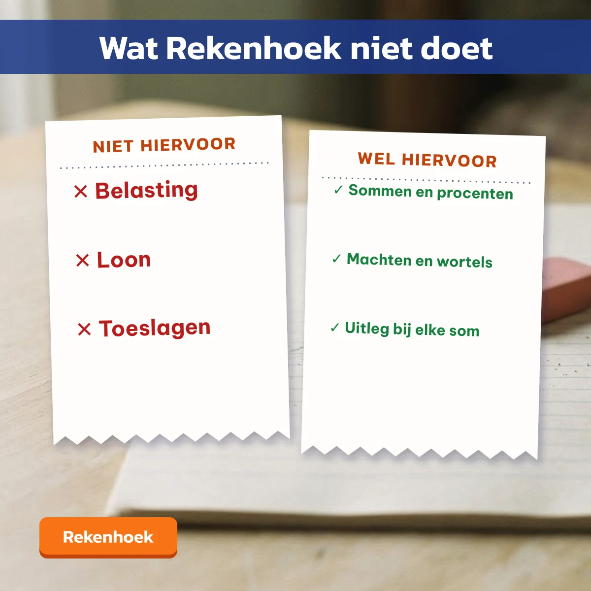 Wat Rekenhoek niet doet, zoals belasting, loon en toeslagen, en wat wel: sommen, procenten, machten, wortels en uitleg